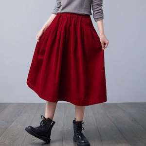 Red Pleated Midi Corduroy Skirt, Long Winter Skirt, Elastic Waist Corduroy Skirt, Fall Plus Size Skirt, Handmade A Line Skirt Ylistyle C2505