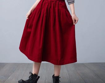 Red Pleated Midi Corduroy Skirt, Long Winter Skirt, Elastic Waist Corduroy Skirt, Fall Plus Size Skirt, Handmade A Line Skirt Ylistyle C2505