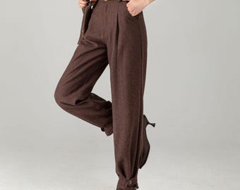 Brown Wool Tapered Trousers: Women’s Vintage-inspired Lantern Pants, Office Wear, Ylistyle C5340