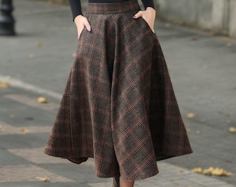 Wool Plaid Midi Skirt: A-Line Tartan Swing Skirt with Pockets, Plus size, Ylistyle C5185