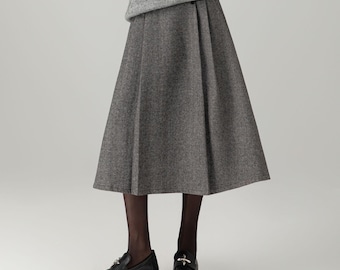 Jupe midi trapèze grise en laine mélangée : jupe d'hiver taille haute avec poches, style Yli C5277