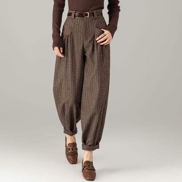 Brown Wool Striped Trousers - Classic Fit & Comfort | Winter Smart Casual Pants, Custom, Ylistyle C5244