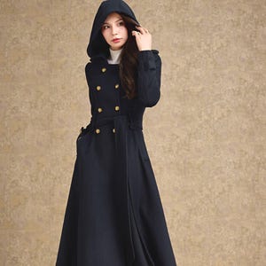Navy blue Military Wool trench coat, Hooded wool coat, Long wool coat, Womens Double Breasted Winter Wool Coat, Custom Coat, Ylistyle C4480