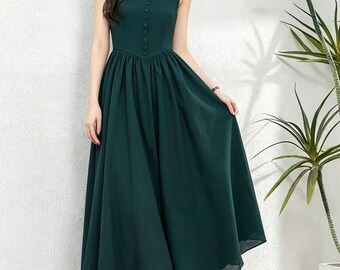 Sleeveless Chiffon Dress, Dark Green Pinafore Dress, Fit and Flare dress, Swing Maxi Dress, 1950s Vintage Dress, Custom, Ylistyle C5610