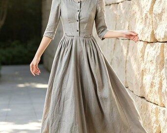 Grey Linen Maxi Dress, Round Neck 3/4 Sleeve Linen Dress, Gathered Waist Flowy A Line Linen Dress, Casual Summer Dress, Ylistyle C5585