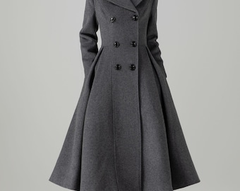 Gray Wool Coat: Fit and Flare Double Breasted Trench Coat, Ylistyle C5268