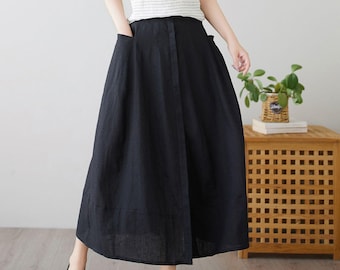 Linnen damesrok, midi-linnen rok, casual zwarte linnen rok, linnen rok met zakken, werklinnen rok, aangepaste rok, Ylistyle C4896