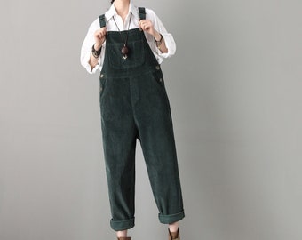Dammanchesteroveraller, Gröna overaller, Plus size-overaller, Manchesterjumpsuit med lös passform, Avslappnad manchesterjumpsuit, Klassiska overaller C1808