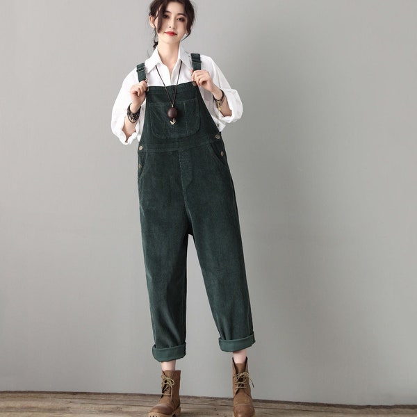 Women’s Corduroy Overalls, Green Overalls, Plus size Overalls, Loose fit Corduroy Jumpsuit, Casual corduroy jumpsuit, Classic overalls C1808