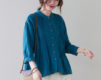 Pleated Linen Tops, Button Up and Down Shirt Clothing, Washed Handmade Tops&Tees, Spring Long Sleeve Everyday Tops, Womens Loose Tees  C2128