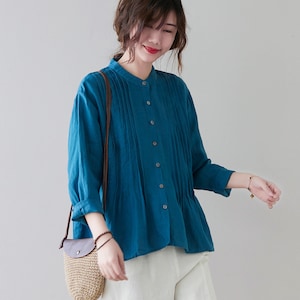 Pleated Linen Tops, Button Up and Down Shirt Clothing, Washed Handmade Tops&Tees, Spring Long Sleeve Everyday Tops, Womens Loose Tees  C2128