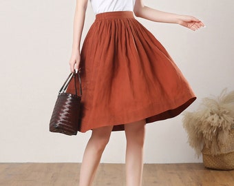 Pleated linen midi skirt, A line washed linen skirt, High Waist flared Skirt with deep pocket, Elastic waist linen skirt, Ylistyle C3271
