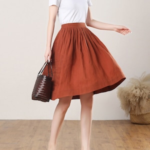 Pleated linen midi skirt, A line washed linen skirt, High Waist flared Skirt with deep pocket, Elastic waist linen skirt, Ylistyle C3271