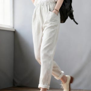 women elastic waist linen pants , casual minimal cropped pants, Long Linen pants, Tapered Linen Pants with pockets, Ylistyle C1863