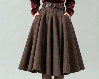 Womens Midi Circle Wool Skirt, Winter High Waist Swing Skirt, Skirt with Pockets, Pleated Skirt, Custom Skirt, Ylistyle C5650
