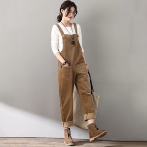 Women's Brown corduroy overalls, Casual handmade corduroy Jumpsuits, Corduroy pants, Spring autumn Retro custom jumpsuit C1810