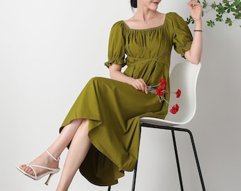Green Midi Dress, French Square Neck Dress, Women's Summer Dress, Party Dress, Short sleeve Dress, Custom Dress, Handmade Dress C3260