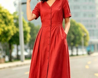 Red Linen Dress, Button Up Short Sleeve Shirt Dress, Summer A-Line Long Dress, Casual Women Dress, Custom dress, Ylistyle C5614