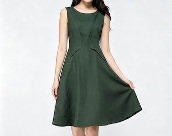 Green Sleeveless Linen Dress, Midi Linen Dress, Womens Office Summer dress,   A-line dress, Custom dress, Ylistyle C5615