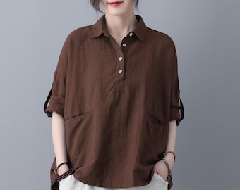 Brown Cotton Linen Oversized Blouse: Loose Fit Collared Tunic with 3/4 Sleeves, Ylistyle C5346