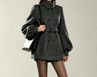 Gray Short Wool Coat, Double Breasted Stand Collar Wool Jacket, Belted Puff Sleeve Winter Coat, Custom coat, Ylistyle C5659