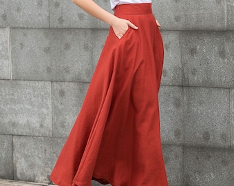 maxi linen skirt, Long Linen skirt, Linen skirt with pockets, casual Linen skirt, A Line skirt, Orange Linen skirt, Womens skirt C2790