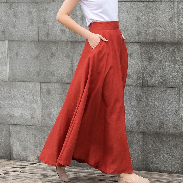 maxi linen skirt, Long Linen skirt, Linen skirt with pockets, casual Linen skirt, A Line skirt, Orange Linen skirt, Womens skirt C2790