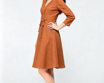 Terracotta Linen A-Line Dress with V-Neck and Tie Waist, Office wear, Custom Dress, Ylistyle  C5606