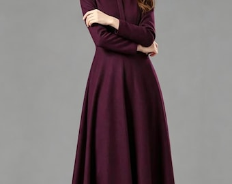 Women Vintage inspired purple Wool Dress, New Wool Maxi Dress, Long Sleeve dress, Fit and flared dress, Minimalist wool dress C2400
