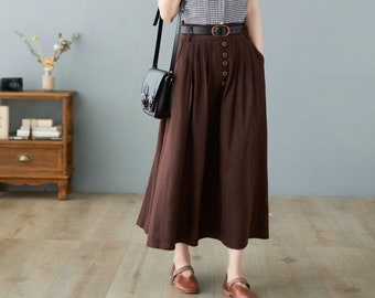 Frauen Falten Maxi Leinen Rock, Retro Swing Langer Leinen Rock, Hohe Taille Ausgestellter Rock, A Line Kausaler Rock, Brauner Rock, Fließender Rock C2370