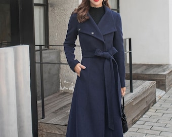 Long Wool Coat, Wool Coat, Asymmetrical Wool Coat, Winter Coat Women, Navy  Coat, Women Coat, Fitted Coat, Designer Coat, Made to Order 1605 