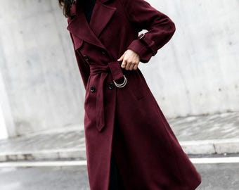 Burgundy Wool Blend Trench Coat: Long Double Breasted Winter Belted Coat, Ylistyle C5280