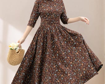 Vintage Inspired Floral Linen Midi Dress, Flowy Brown Long Dress for Women, Spring dress, Dress with pockets, Ylistyle C4745