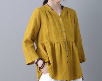 Women Linen Tops, Long Sleeves Shirts, Women Casual Loose Blouse, Spring Shirt Fall Customized Plus Size shirts C1849