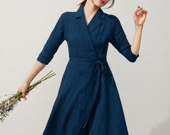 Wrap Linen Dress, Navy blue shirt dress, Womens Linen midi dress, Half Sleeve linen dress, Belted dress, Spring Summer dress, ylistyle C3923