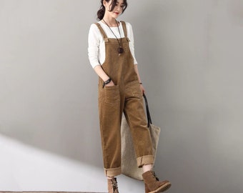 Women's Brown corduroy overalls, Casual handmade corduroy Jumpsuits, Corduroy pants, Spring autumn Retro custom jumpsuit C1810