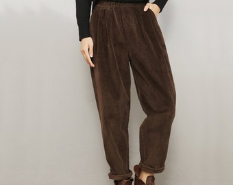 Spring Autumn corduroy pants, Large-sized loose pants, Plus size pants, harem pants, Brown corduroy pants, Custom made pants, Ylistyle C1963