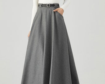 Long Wool Skirt, Gray Wool Skirt, Warm Winter Skirt, Classic Skirt, Elegant Skirt, Maxi Skirt Women, Flared Skirt, Elastic Waist Skirt C3555