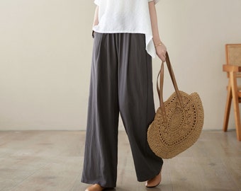 Wide Leg Linen Pants, Casual linen long pants, Elastic Waist pants, Loose fit pants with pockets, Spring grey pants women, Ylistyle C3957