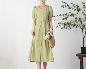 Green Midi Dress, Women's V-neck Dress, Summer A-Line Dress, Button front Dress, Party Dress, Handmade Dress, Custom Dress, Ylistyle C3259