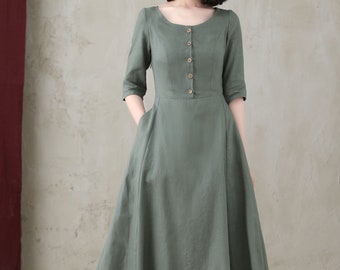 Robe en lin, robe midi en lin, robe longue en lin d'été avec poches, robe en lin biologique vert foncé femmes, robe A-ligne, Ylistyle C2745