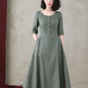 Linen dress, Linen midi dress, Summer Long Linen dress With Pockets, Dark Green Organic Linen Dress Women, A-Line Dress, Ylistyle C2745