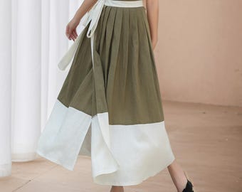 Womens Wrap Linen Maxi Skirt, Patchwork A-Line skirt, Green Pleated long Linen skirt, Summer skirt, Handmade skirt, ylistyle C4835