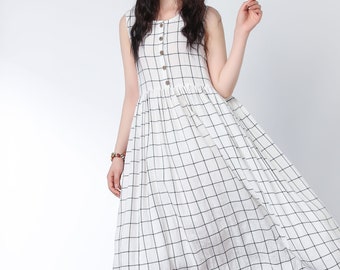 Pleated Linen Dress, Button Up Midi Dress, Plaid Sleeveless Dress, Womens Linen Dress, Summer Dress, Mama dress, Handmade Dress C3304