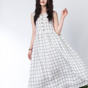 Pleated Linen Dress, Button Up Midi Dress, Plaid Sleeveless Dress, Womens Linen Dress, Summer Dress, Mama dress, Handmade Dress C3304
