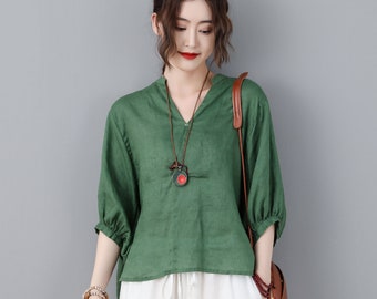 Linen blouse, green linen tops, Linen blouse for women, Oversized Linen top, Lantern sleeve tops, Casual Blouse, v neck blouse women C2322