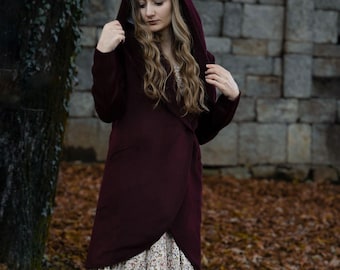 Wollen jas met capuchon, midi-wollen jas dames, bordeauxrode wollen jas, asymmetrische wikkeljas, warme winterwollen jas, Mod Clothing, Ylistyle C3767