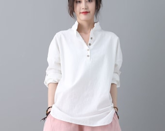 White linen top for women, oversized linen top, basic linen top, casual linen blouse, long sleeves blouse, spring tops, Ylistyle  C1868