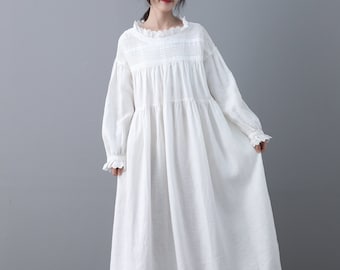 Linen dress, White dress, Plus size Linen dress, Linen midi dress, maternity dress, wedding guest dress, Spring dress, Handmade dress C1862