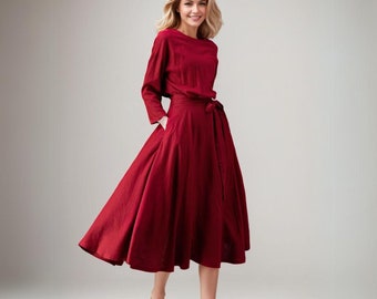 Linen Midi dress, Burgundy linen Dress, Dress with Pockets, Belted Linen Dress, Spring Linen Dress, Casual Linen Dress, Ylistyle C4104